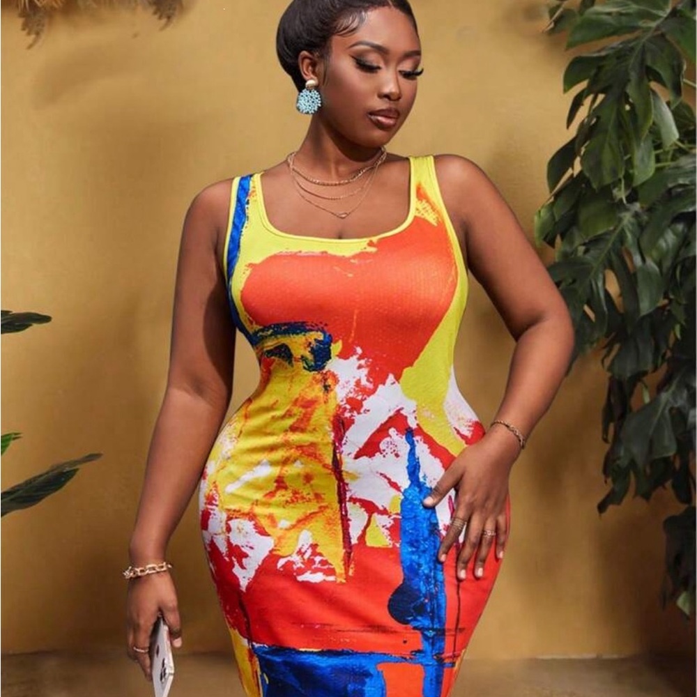 SHEIN Red and Yellow Abstract Mini Dress